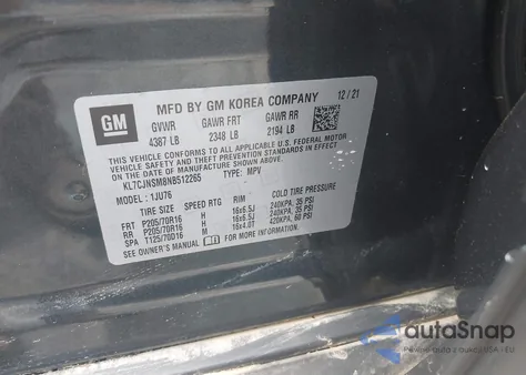 2022 Chevrolet Trax Awd Ls z USA, uszkodzony, nr VIN KL7CJNSM8NB512265